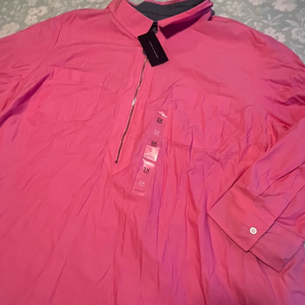 Tommy Hilfiger 2X Pink 1/2 Zip Roll‎ Tab Sleeve Cotton Popover Shirt NWT $79 - Picture 2 of 7